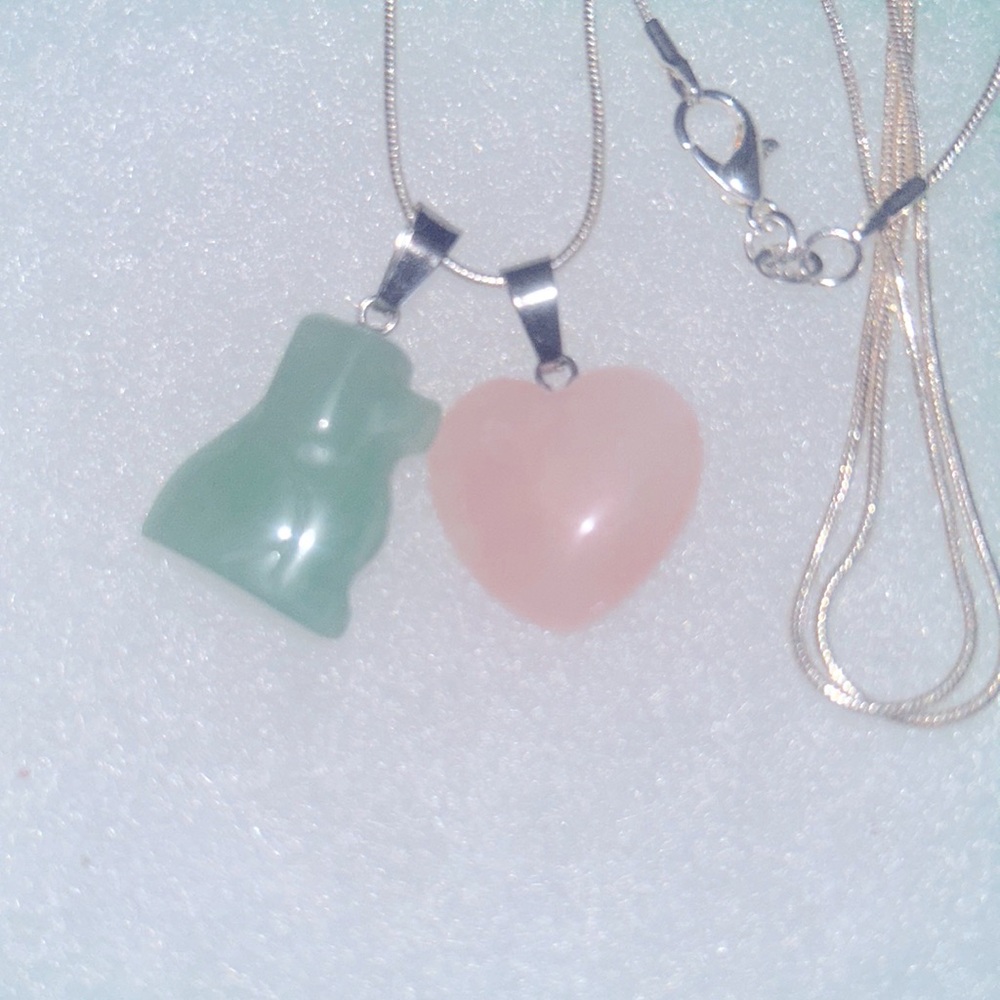 Boho Hippie Jade Dog and Rose Quartz Crystal Heart Sterling Silver Necklace 30”